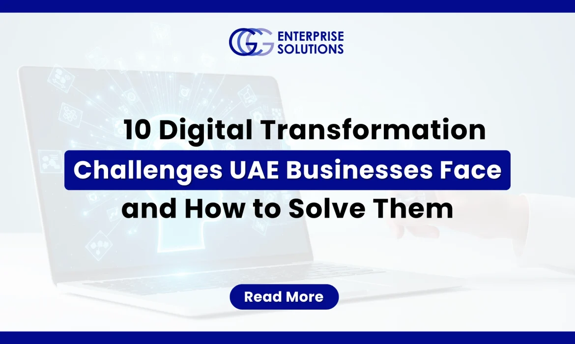 A professional IT corporate web banner with a solid blue outer border, displaying a laptop with a glowing artificial intelligence mind network icon on its screen under the GCG Enterprise Solutions logo.