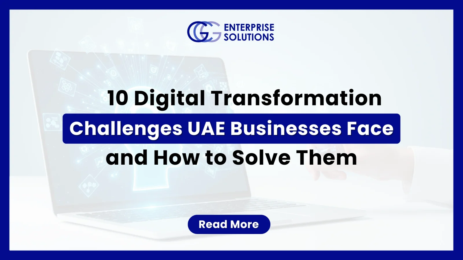A professional IT corporate web banner with a solid blue outer border, displaying a laptop with a glowing artificial intelligence mind network icon on its screen under the GCG Enterprise Solutions logo.