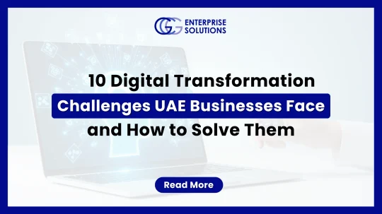 A professional IT corporate web banner with a solid blue outer border, displaying a laptop with a glowing artificial intelligence mind network icon on its screen under the GCG Enterprise Solutions logo.