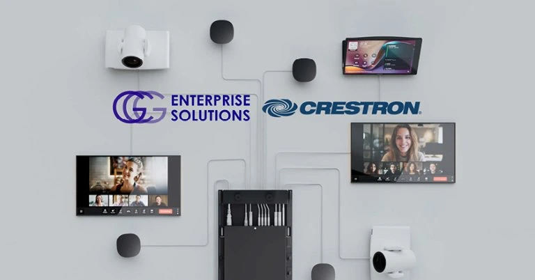 An overhead view of a Crestron audio-visual ecosystem connected by thin cable lines on a light grey background, featuring cameras, touch panels, ceiling microphones, displays showing video conferences, and the logos for GCG Enterprise Solutions and Crestron.