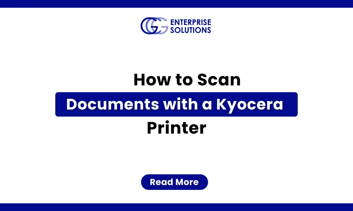 A clean, minimalist corporate web banner with a solid blue outer border and a stark white background, displaying bold text instructions for scanning documents with a Kyocera printer underneath the GCG Enterprise Solutions logo.