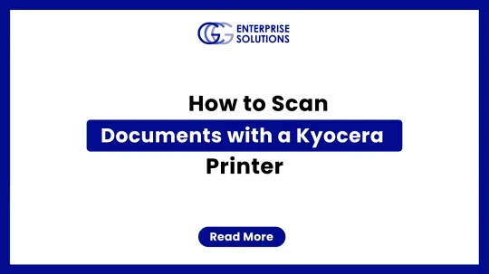 A clean, minimalist corporate web banner with a solid blue outer border and a stark white background, displaying bold text instructions for scanning documents with a Kyocera printer underneath the GCG Enterprise Solutions logo.