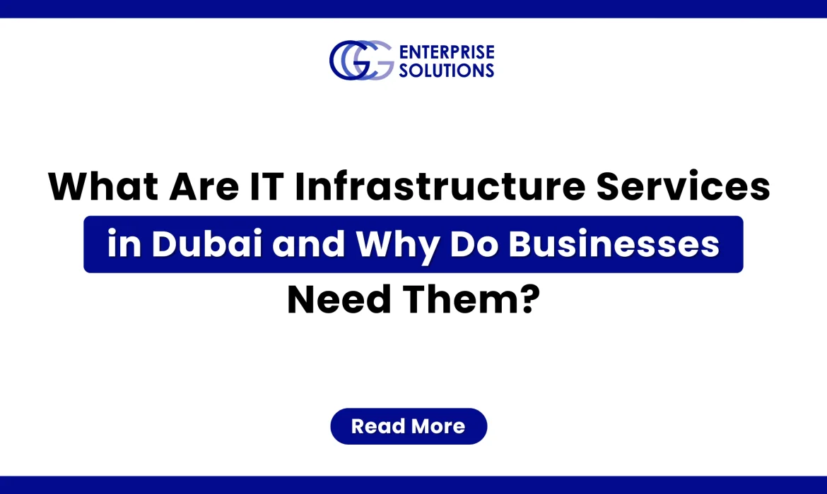A clean, minimalist corporate web banner featuring a solid blue outer border and a stark white background, displaying bold text detailing what IT infrastructure services in Dubai are and why businesses need them underneath the GCG Enterprise Solutions logo.