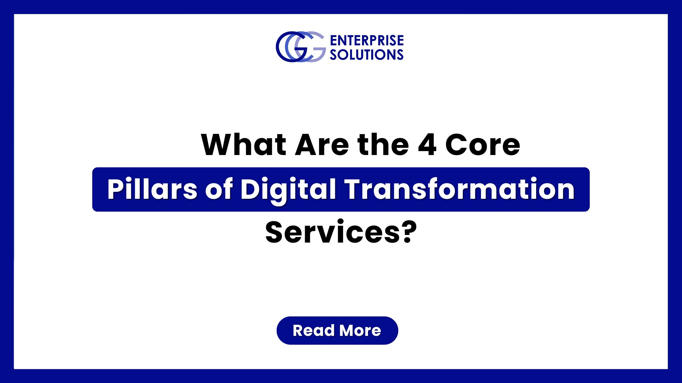 A promotional banner from GG Enterprise Solutions titled "What Are the 4 Core Pillars of Digital Transformation Services?" The background features a faint, bright silhouette of a laptop with digital network graphics and a human profile icon on the screen, framed by a thick dark blue border.