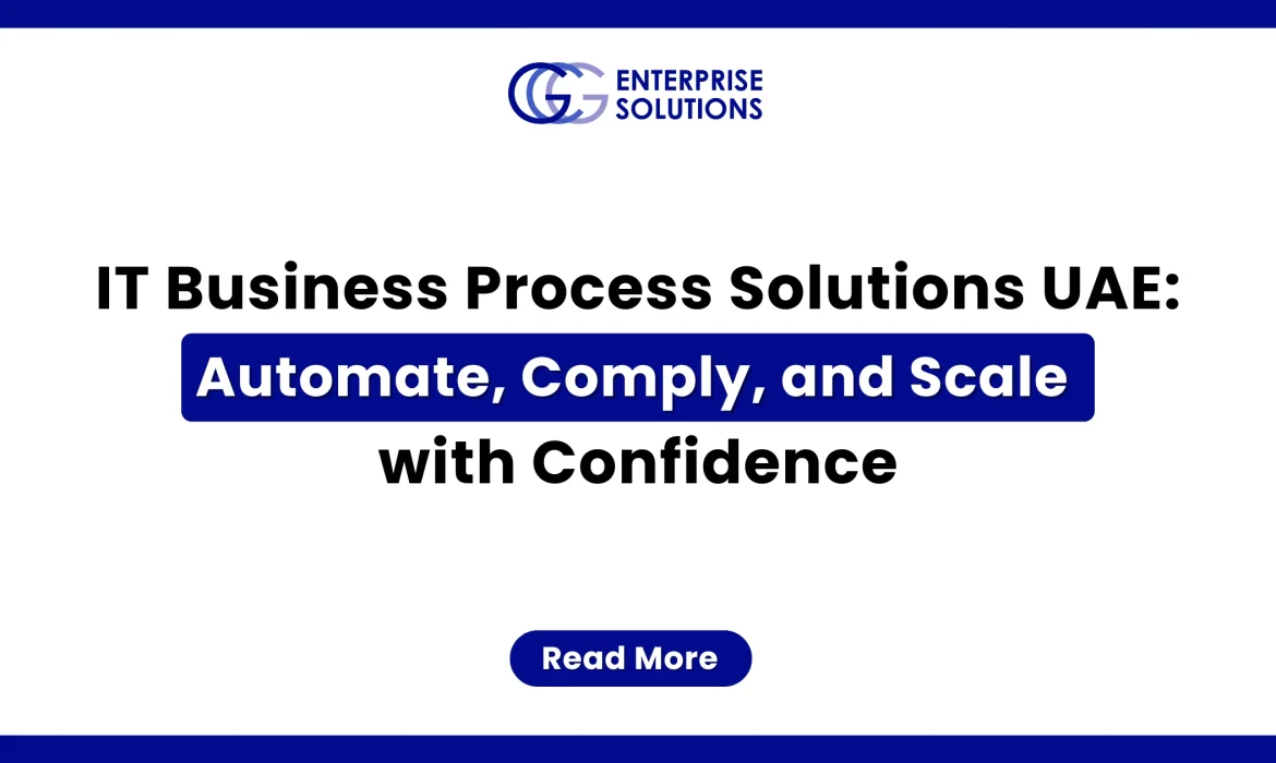 A clean corporate web banner with a solid blue outer border and white background, featuring the GCG Enterprise Solutions logo above text detailing IT business process solutions in the UAE to automate, comply, and scale with confidence.