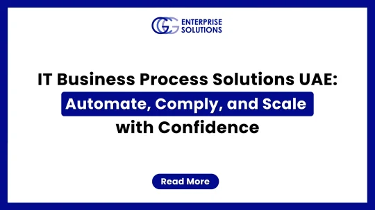 A clean corporate web banner with a solid blue outer border and white background, featuring the GCG Enterprise Solutions logo above text detailing IT business process solutions in the UAE to automate, comply, and scale with confidence.