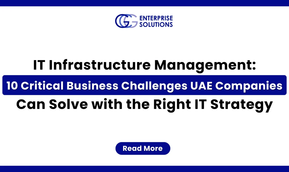 A clean, corporate web banner featuring a solid blue outer border and a white background, displaying text detailing 10 critical business challenges UAE companies can solve with the right IT strategy underneath the GCG Enterprise Solutions logo.