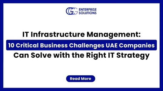 A clean, corporate web banner featuring a solid blue outer border and a white background, displaying text detailing 10 critical business challenges UAE companies can solve with the right IT strategy underneath the GCG Enterprise Solutions logo.