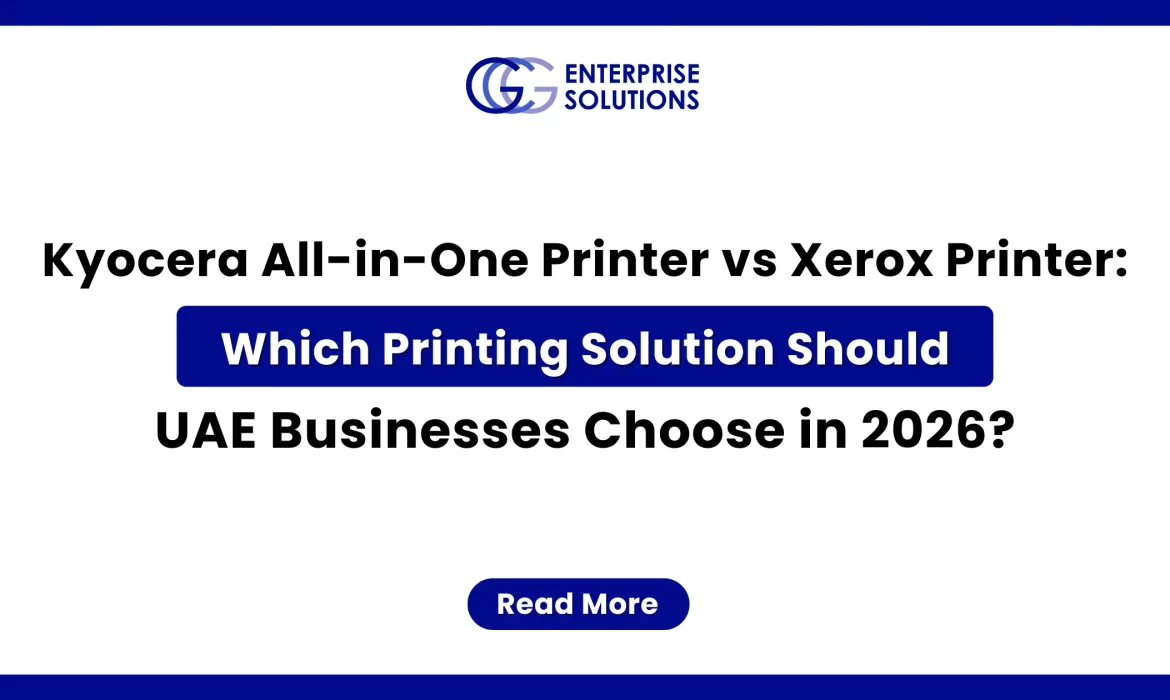 A clean corporate web banner with a solid blue outer border and white background, featuring the GCG Enterprise Solutions logo above text comparing Kyocera and Xerox all-in-one printers for UAE businesses in 2026.