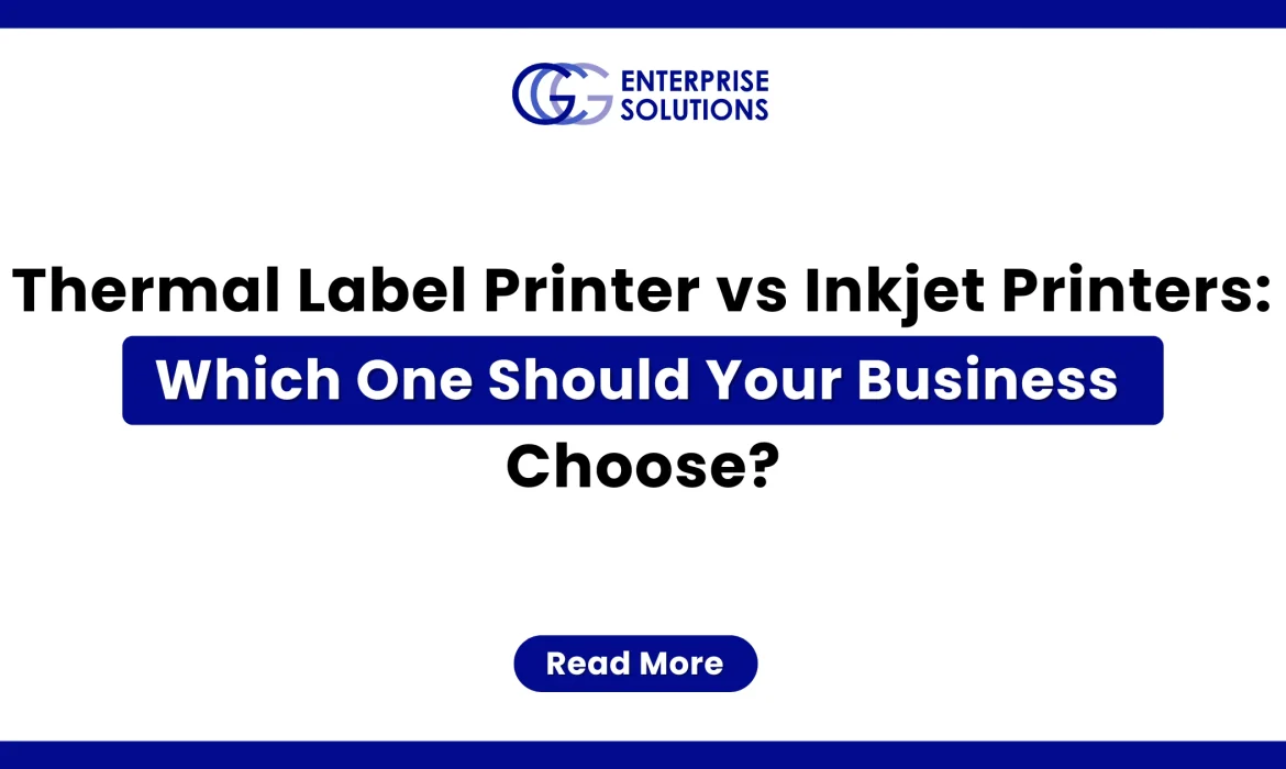A clean, corporate hardware comparison web banner featuring a solid blue outer border and a white background, displaying text asking whether a business should choose thermal label printers or inkjet printers underneath the GCG Enterprise Solutions logo.