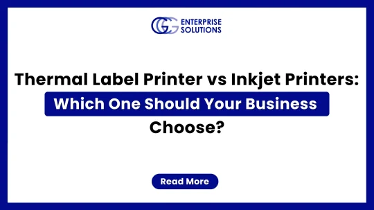 A clean, corporate hardware comparison web banner featuring a solid blue outer border and a white background, displaying text asking whether a business should choose thermal label printers or inkjet printers underneath the GCG Enterprise Solutions logo.